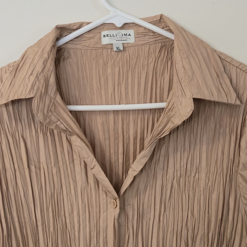 Bellissima XL Tan Micro Pleated Crinkle Button Up Coastal Minimalist Top - Picture 4 of 14